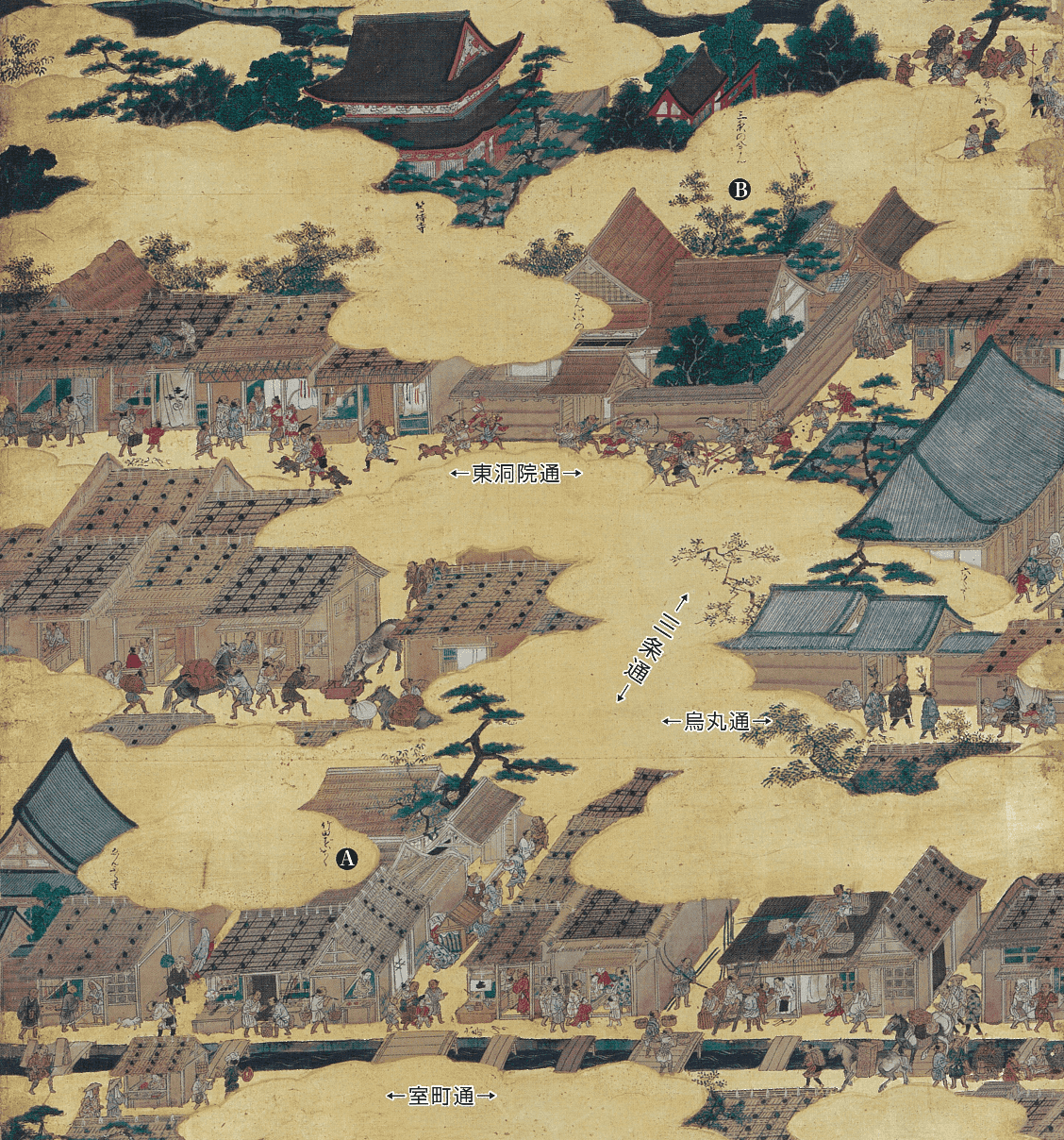 Sanjo Dori on the right part of the Folding Screen of Uesugi Hon Rakuchu Rakugai Zu, Source: Yonezawa City Uesugi Museum
